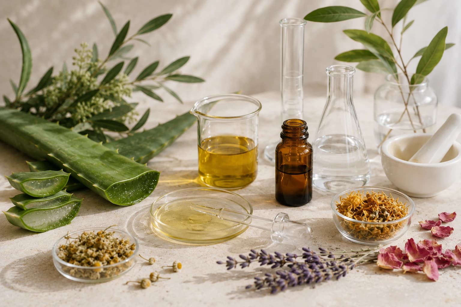 Ingredientes botánicos puros sobre superficie de mármol
